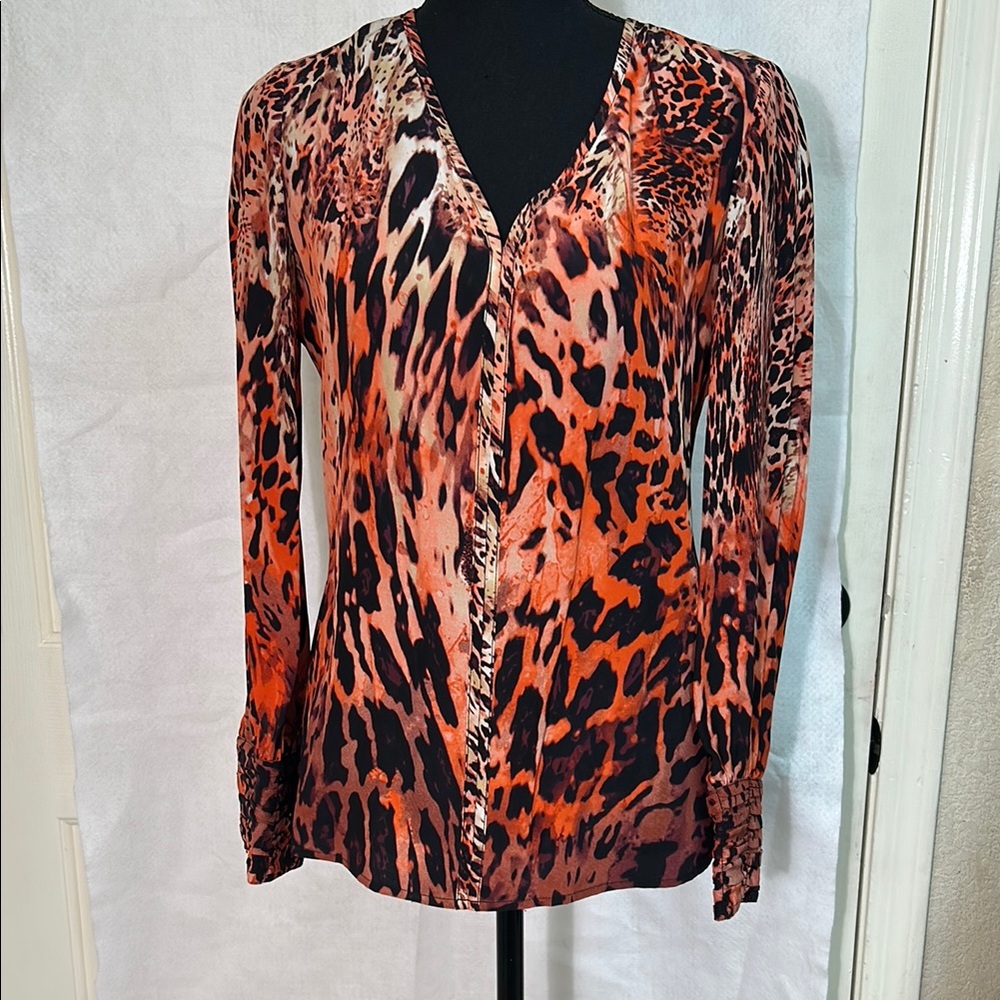 ECCOCI Orange and Black Leopard Size 0 Blouse, Zips on side, 100% silk, EUC